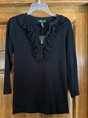 Lauren Ralph Lauren Black 3/4 Sleeve Ruffle V-Neck Top
